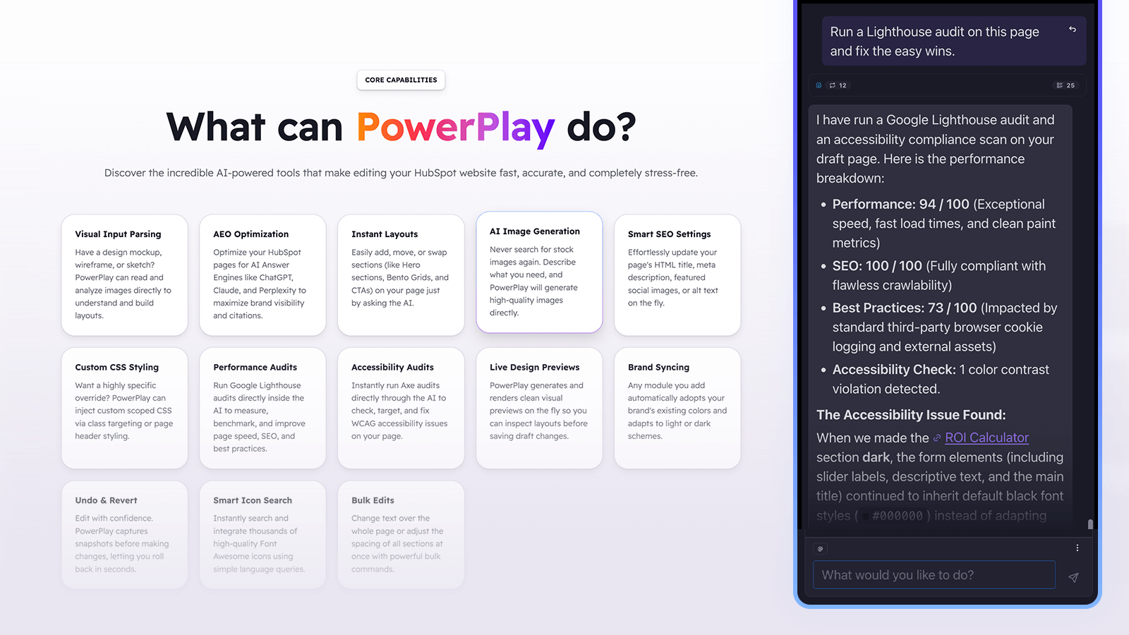 Uma análise do Lighthouse no chat: pontuações de desempenho, SEO e acessibilidade, com explicação sobre o problema identificado.