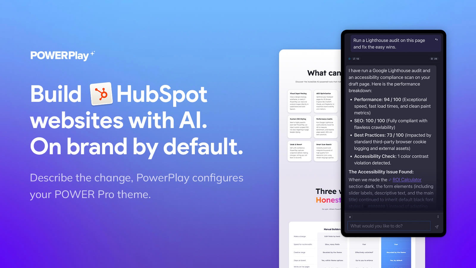 Crie sites da HubSpot com IA: o chat do PowerPlay exibindo os resultados da auditoria do Lighthouse para uma página em rascunho.